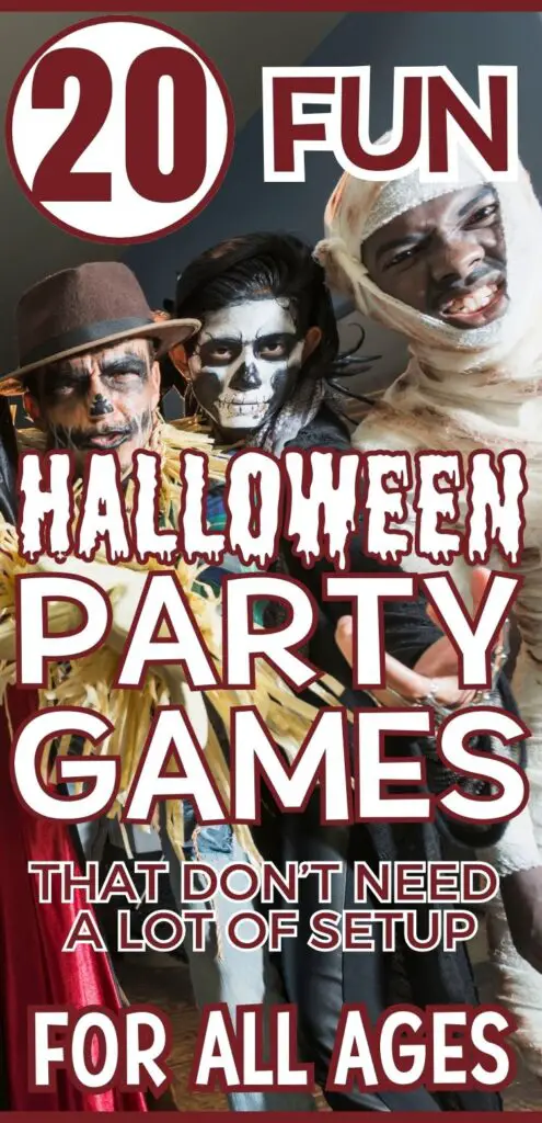 An image showcasing three individuals in Halloween costumes with makeup, accompanied by a title promoting "20 fun Halloween party games" suitable for all ages, ideal for kids Halloween parties and other fall Halloween activities.