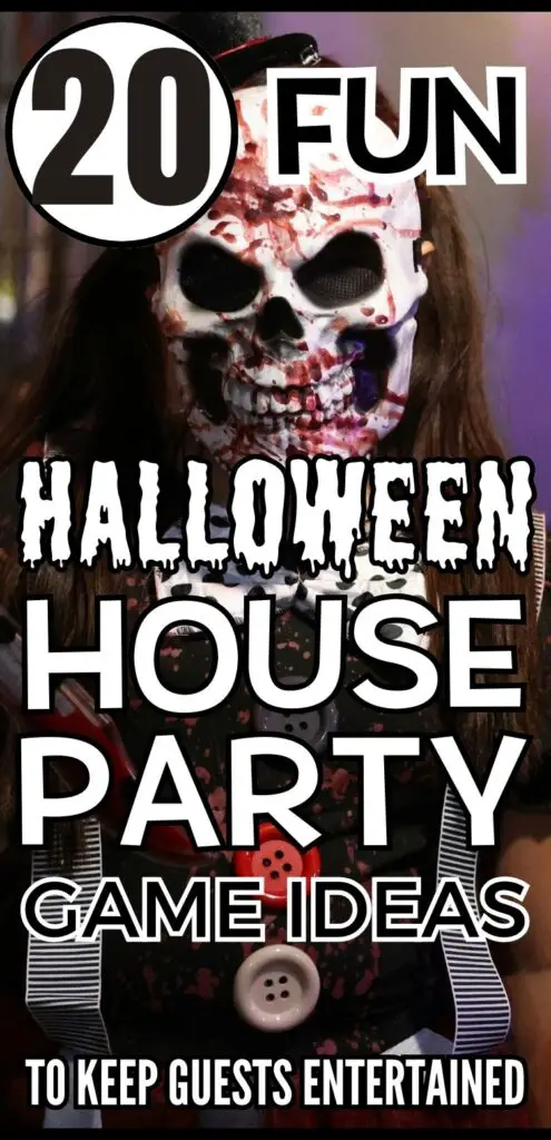 A person wearing a dramatic skull mask and costume stands in front of text promoting "20 Fun Halloween House Party Game Ideas" for entertaining guests during Halloween festivities.