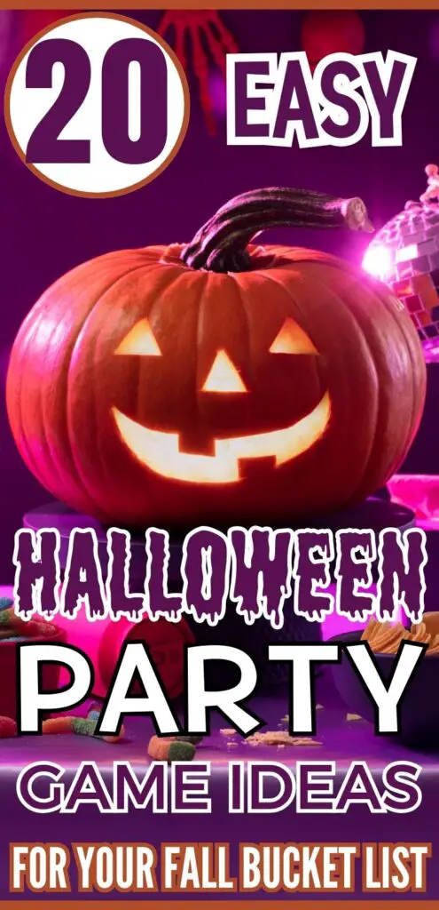 A smiling jack-o'-lantern is prominently displayed against a vibrant background, accompanied by text highlighting "20 Easy Halloween Party Game Ideas for Your Fall Bucket List."