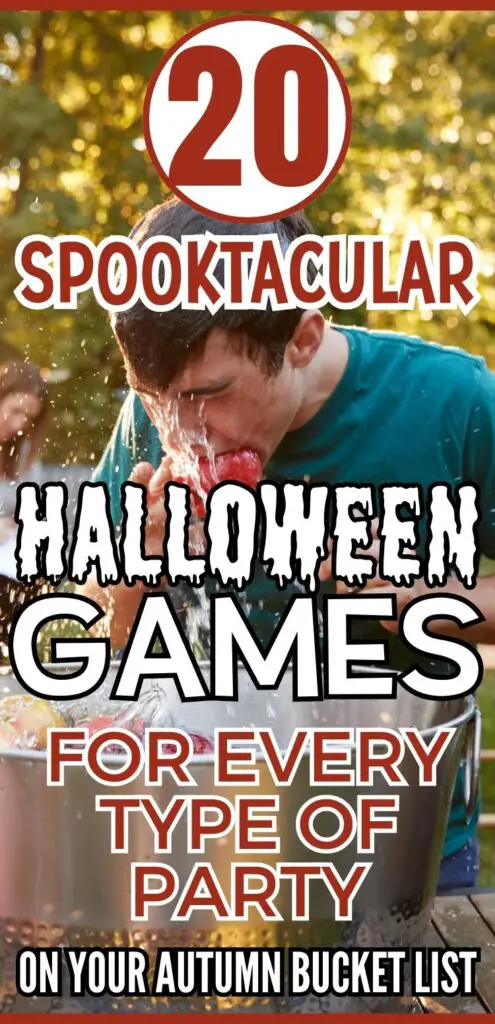 An image featuring a young person participating in a Halloween-themed game involving apples and water, with a title overlay promoting "20 Spooktacular Halloween Games for Every Type of Party on Your Autumn Bucket List."