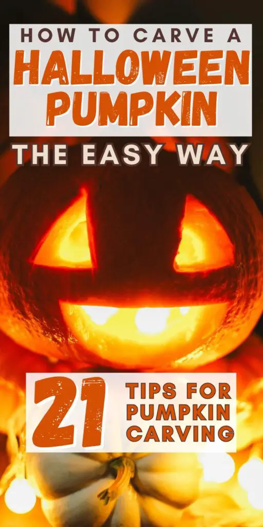 A glowing Halloween pumpkin with carved facial features is surrounded by decorative white pumpkins and accompanied by text offering tips and tutorials for easy pumpkin carving.