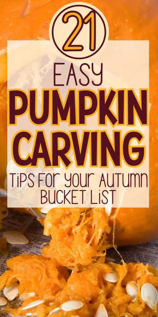 Close-up of a carved pumpkin with its insides removed, accompanied by pumpkin seeds, showcasing tips for pumpkin carving as part of an autumn bucket list.