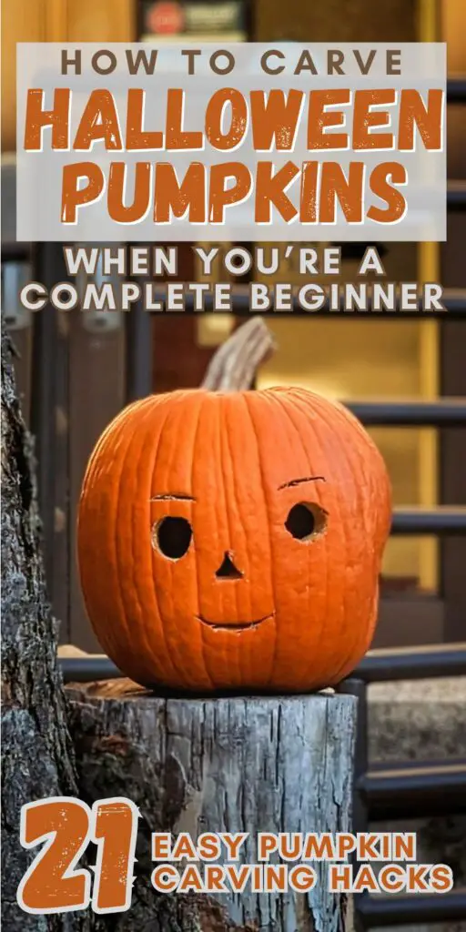 A carved pumpkin with a smiling face sits on a wooden stump, accompanied by text offering tips for beginners on easy pumpkin carving for Halloween decorations.