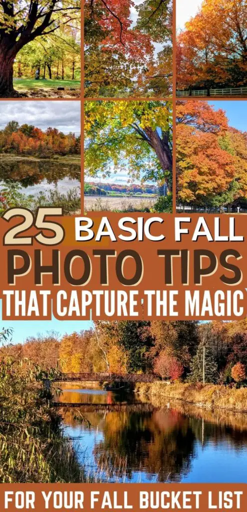 A collage of fall scenery featuring vibrant autumn leaves, lakes, and natural landscapes, accompanied by text highlighting "25 Basic Fall Photo Tips" for beginner photography and fall activities.