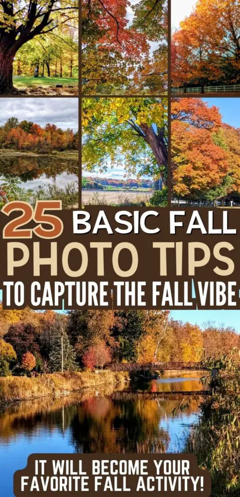 A collage of autumn landscapes showcasing vibrant fall foliage, with the text highlighting "25 Basic Fall Photo Tips" to enhance photography during cozy fall activities and hiking.