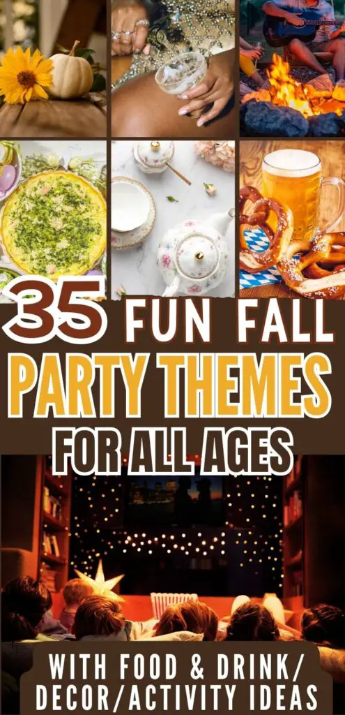A collage featuring various fun fall party themes, including seasonal decorations, food, drinks, and activities, ideal for autumn gatherings and birthday celebrations.