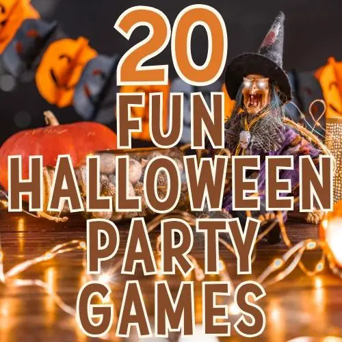 A decorated tabletop features a pumpkin, decorative lights, and a witch figurine, accompanied by the text "20 Fun Halloween Party Games," suggesting ideas for DIY Halloween festivities.