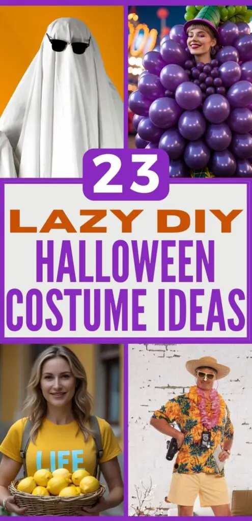A collage featuring four Halloween costume ideas, including a ghost in sunglasses, a person dressed as a bunch of grapes, someone holding lemons with a shirt that reads "LIFE," and another in a tropical outfit, showcasing budget-friendly and punny DIY options for kids, teens, and adults.