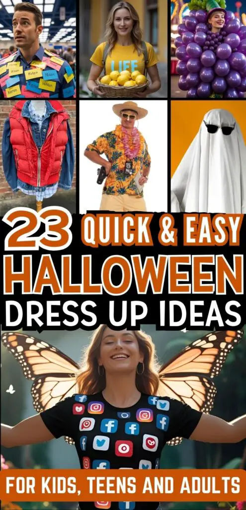 A collage showcasing various quick and easy Halloween dress-up ideas for kids, teens, and adults, featuring creative costumes like a "life" shirt, a ghost, and a person dressed as grapes, all emphasizing budget-friendly and last-minute options.