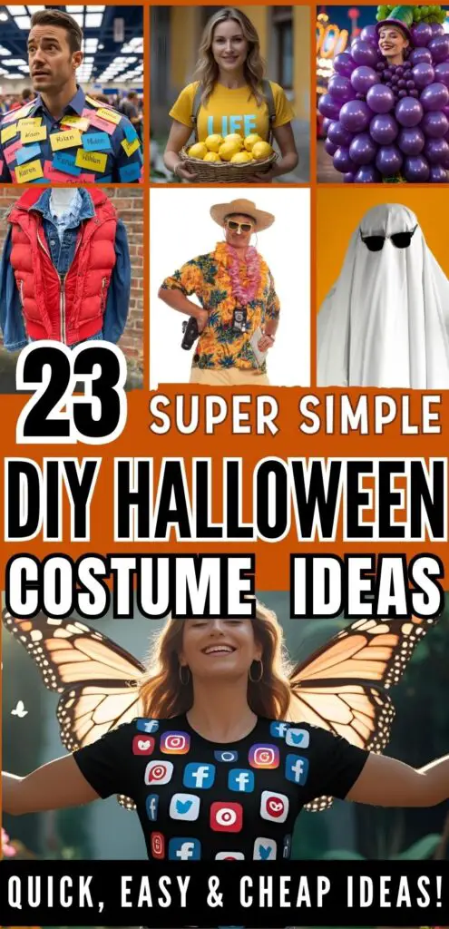 A graphic showcasing super simple DIY Halloween costume ideas for kids, teens, and adults featuring budget-friendly and punny themes like a "when life gives you lemons" basket, a ghost, and social media icons, highlighting quick and easy options for last-minute costumes.
