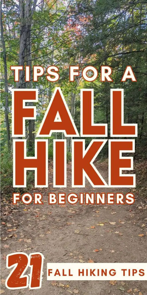 A nature trail surrounded by trees with autumn foliage, overlaid with text highlighting tips for a fall hike for beginners.
