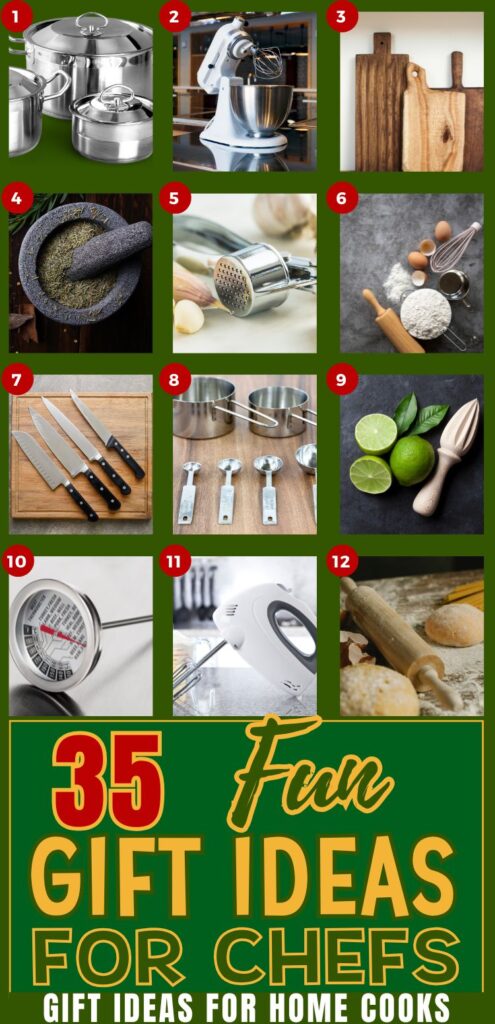 A colorful graphic showcasing 35 fun gift ideas for chefs and home cooks, including kitchen tools like pots, mixers, cutting boards, knives, measuring cups, and eco-friendly items, set against a green background with festive text.