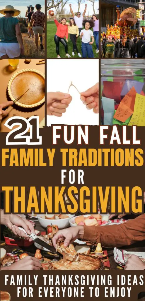 A collage showcasing various fall activities and family traditions for Thanksgiving, including outdoor gatherings, festive meals, games, and crafts that promote fun Thanksgiving ideas for all ages.