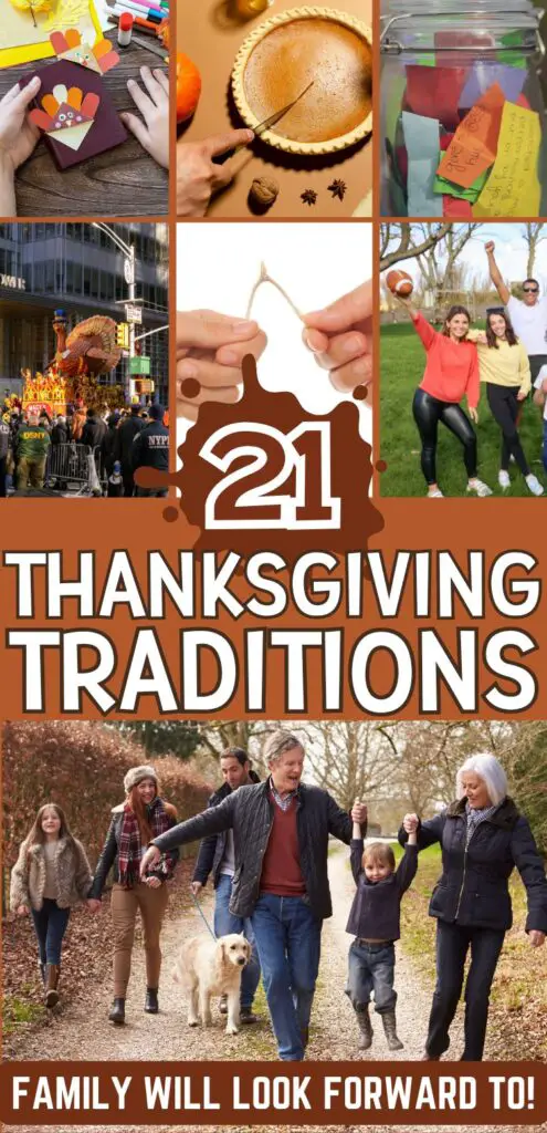 A collage of images featuring various Thanksgiving traditions such as family activities, festive foods, and outdoor gatherings, emphasizing fun and bonding experiences for families to enjoy during the fall holiday season.