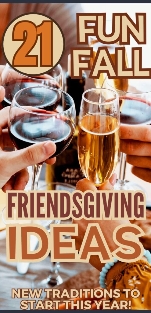 A group of friends clinks glasses of various drinks in a celebratory toast, representing fun fall Friendsgiving theme ideas and various dinner party concepts.