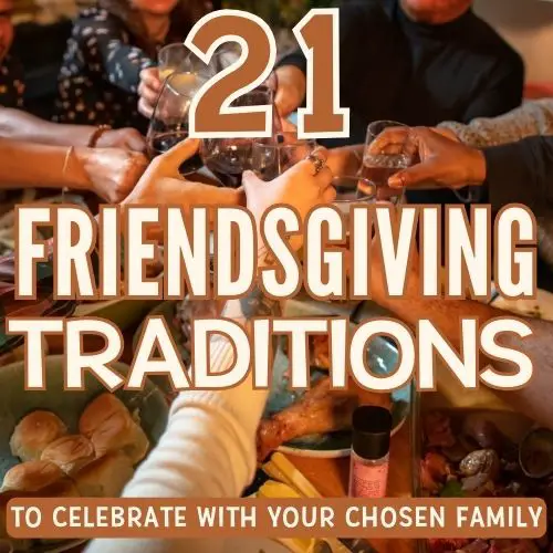 A close-up of hands toasting with drinks around a festive table, highlighting Friendsgiving traditions and activities for adults.