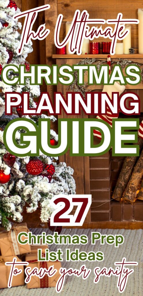 A decorative Christmas tree and presents are featured in a cozy setting, accompanied by a text overlay promoting a comprehensive guide for Christmas planning, including tips and checklist ideas for holiday preparation.