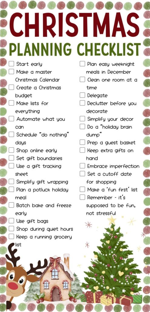 A colorful checklist titled "Christmas Planning Checklist" outlines various tasks for Christmas preparation, including making a budget, scheduling shopping, and simplifying decorations, while incorporating visuals like a reindeer and a Christmas tree.