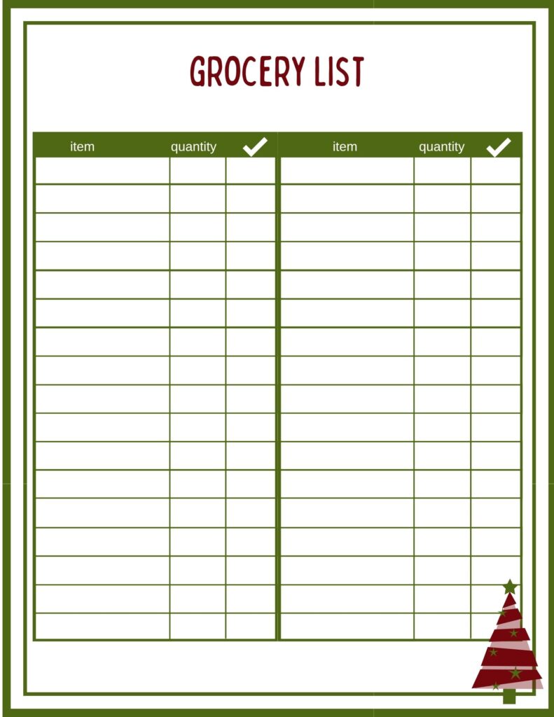 Printable grocery list sheet for your Christmas planning checklist