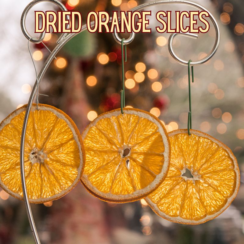 Hanging dried orange slices in front of Christmas tree - Easy DIY Christmas Ornament Ideas