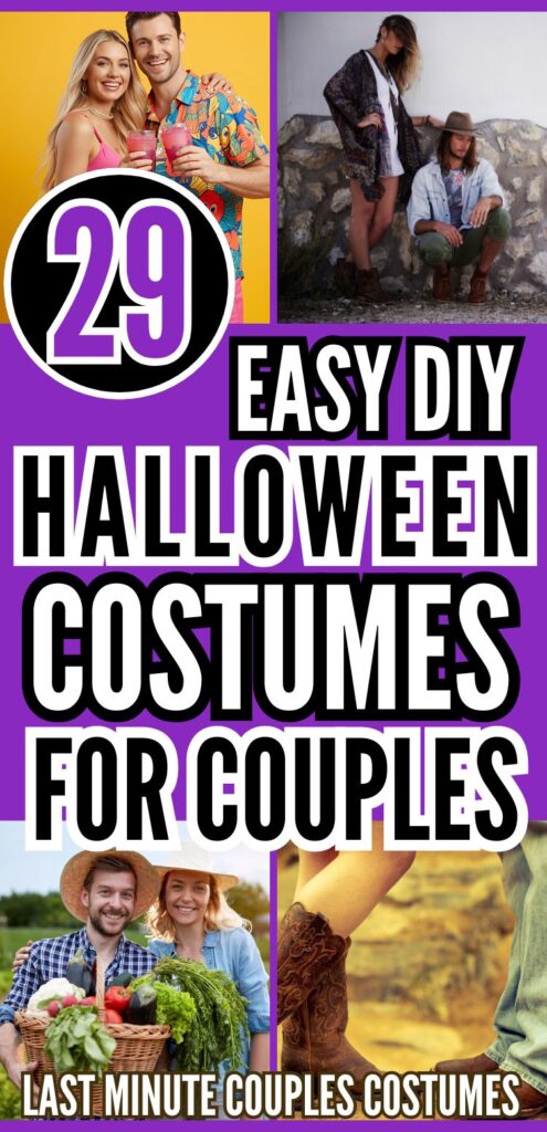 A graphic featuring "29 Easy DIY Halloween Costumes for Couples," showcasing various couple costume ideas, including images of couples in distinctive outfits and accessories, ideal for last-minute and homemade Halloween costumes.