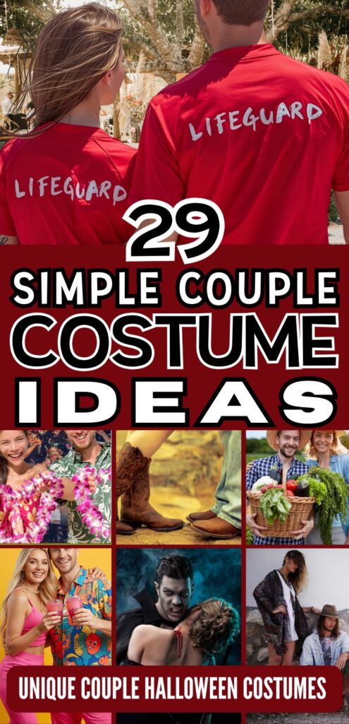 A couple dressed as lifeguards stands back-to-back, highlighting costume ideas for Halloween among a collage of creative couple costume inspirations in a fall-themed context.