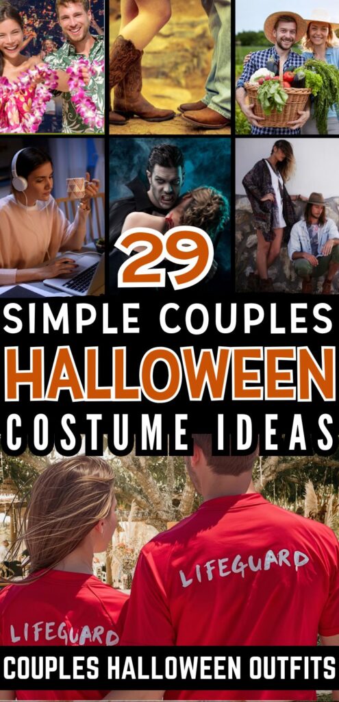 A collage of couples showcasing various Halloween costume ideas, including iconic outfits like lifeguards and other simple, homemade costumes themed for couples, highlighting relationship goals and autumn celebrations.