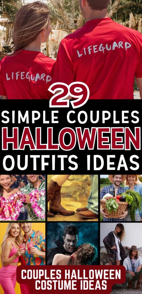 A collage of couples halloween costume ideas promoting unique and simple couples Halloween outfits ideas.