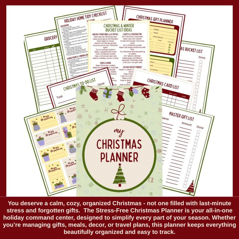 An organized collection of printables for Christmas planning, featuring sections for a Christmas checklist, holiday tasks, gift planning, and budgeting, aimed at creating a stress-free holiday experience.