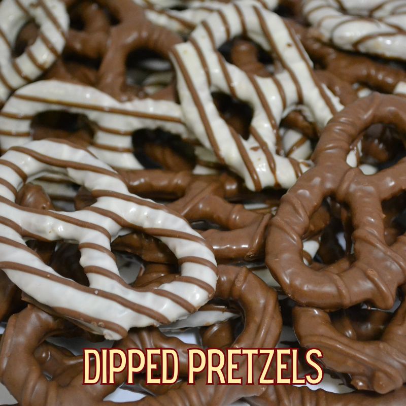 Image of white and milk chocolate covered pretzels for a homemade Christmas gift. Text reads 'dipped pretzels'
