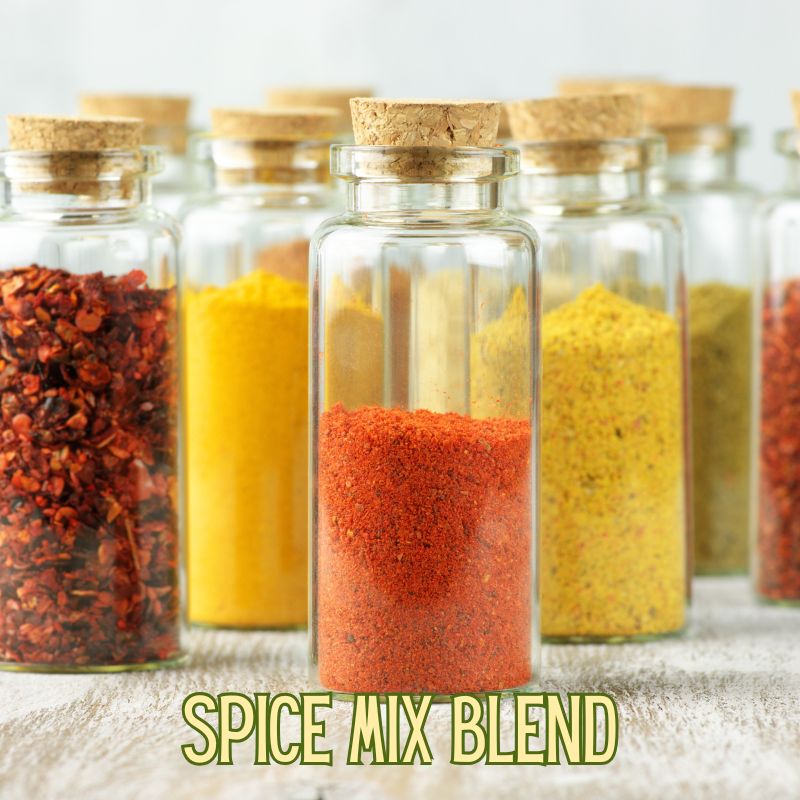 Image of multiple bottles of colorful spice blends for an edible Christmas gift. Text reads 'spice mix blend'