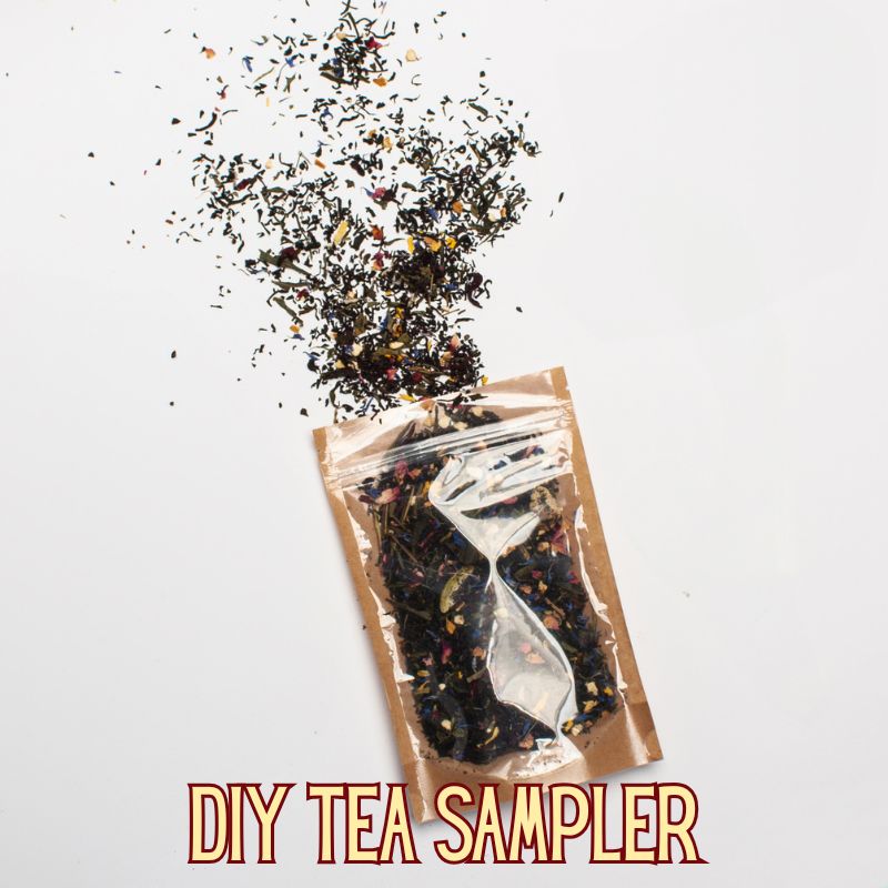 Image of a baggie containing tea leaves that are spilling out as  part of diy christmas food gifts
