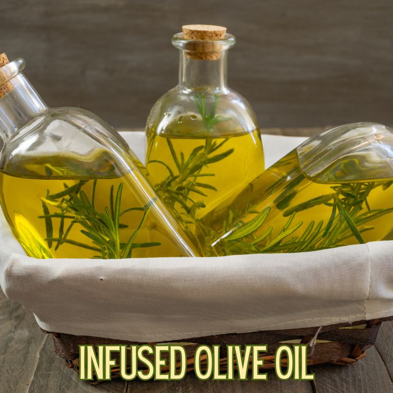 Image of 3 bottles of infused olive oil in a lined basket