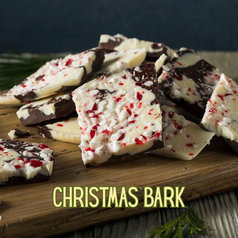 an image of broken squares of homemade Christmas bark with the title 'Christmas Bark'
