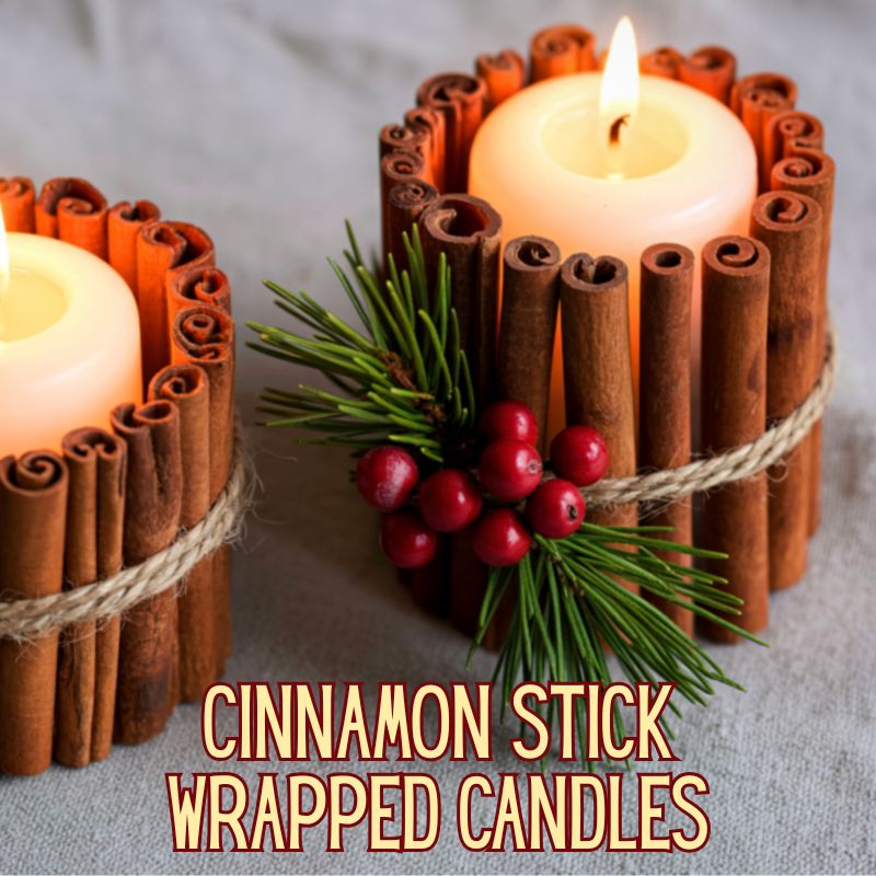 Image of 2 pillar candles wrapped in cinnamon sticks as christmas diy gifts