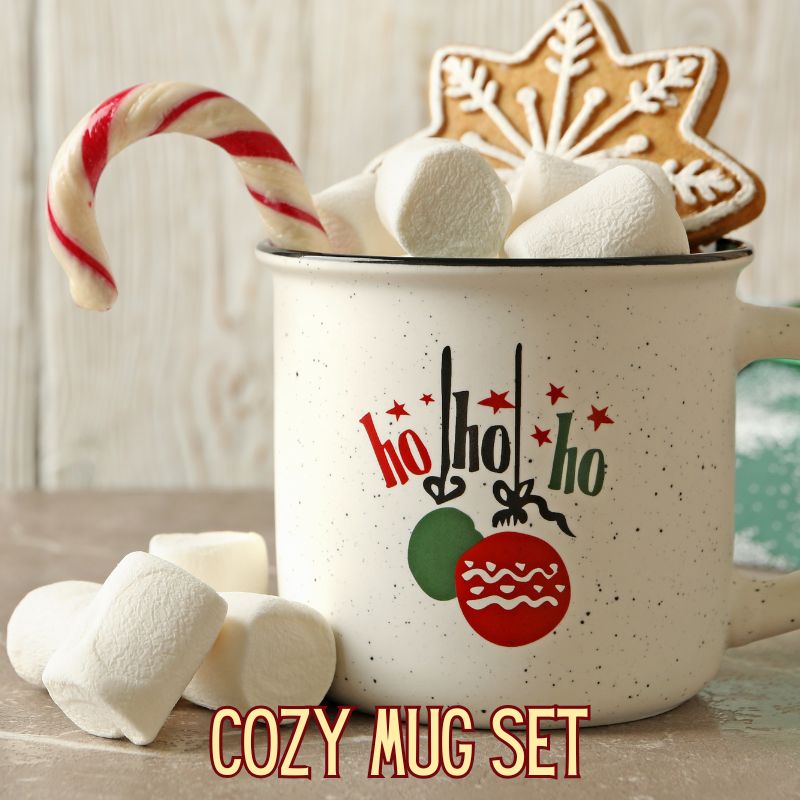 Image of a christmas mug filled with hot chocolate mix, marshmallows, cookies and a candy cane as a coffee mug gift ideas filled diy