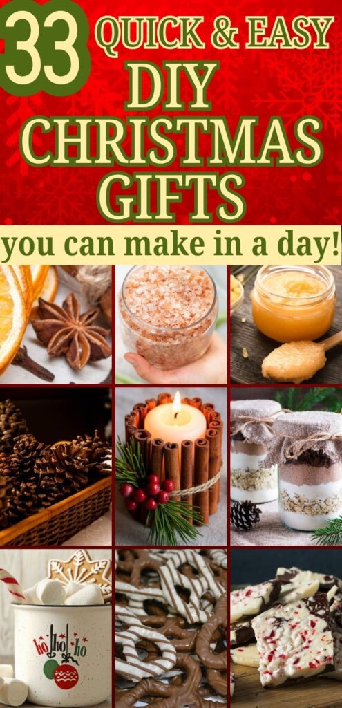 An infographic showcasing "33 Quick & Easy DIY Christmas Gifts You Can Make in a Day," featuring a variety of handmade gift ideas such as mason jar gifts, scented candles, and homemade treats, aimed at providing inspiration for affordable and unique Christmas presents.