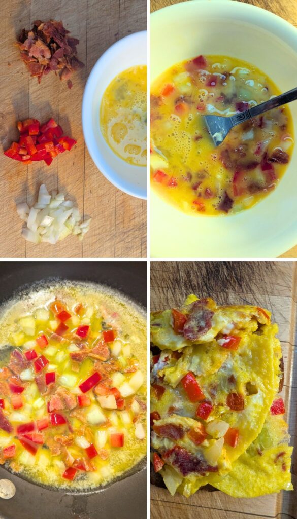 Collage depicting the steps involved in making a toasted western sandwich with bacon